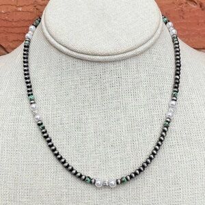 Navajo Style Pearl Necklace with Green, Brown & White